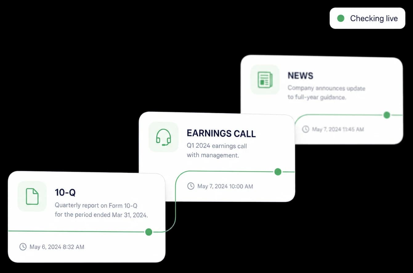 A timeline of incoming sources — a 10-Q, an earnings call, and a news item — with a live checking indicator.